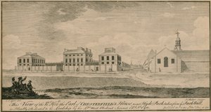 Pohled na dům Right Hon the Earl of Chesterfields poblíž Hyde Parku, převzatý ze zdi parku od English School