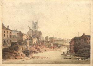 Pohled na řeku Irwell, Manchester, cca 1820-30 (wc na papíře) od English School