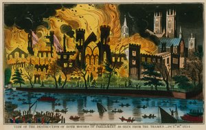Pohled na zničení obou komor parlamentu při pohledu z Temže, 16. října 1834 od English School