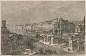 Pohled na navrhovanou vysokoúrovňovou silnici nebo viadukt od kostela St Sepulchres do Hatton Gardens od English School