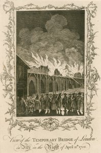 Pohled na dočasný most v Londýně v plamenech v noci 11. dubna 1758 od English School