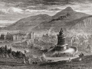 Pohled na Edinburgh z památníku Burns na Calton Hill, z „Skotských obrázků kreslených perem a tužkou“, od Samuela G. Greena, vydané v roce 1886 od English School
