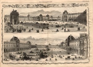 Pohledy na Cour Carree du Louvre v Paříži. Rytina v „Ilustrovaných londýnských zprávách“ z 15. srpna 1857. od English School