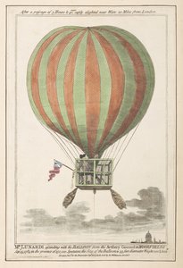 Vincent Lunardi ve vzduchu po svém výstupu z Moorfields, září 1784 (barevná rytina) od English School