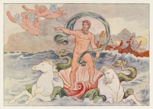 Virgilova Aeneida: Neptun uklidňující vlny (barevné lito) od English School