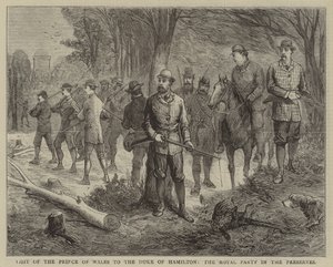 Návštěva prince z Walesu u vévody z Hamiltonu, královská společnost v rezervaci (rytina) od English School