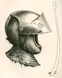 Přilba s hledím z roku 1643. Část na straně je podpěra hledí v plné velikosti, která se používá k udržení hledí v různých úhlech podle použitého zářezu, z knihy The British Army: Its Origins, Progress and Equipment, vydané v roce 1868. od English School
