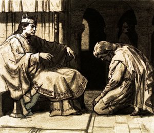 Waltheof šel do Normandie, aby požádal krále Williama o milost (kvaš na papíře) od English School