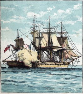 Válka roku 1812 mezi Spojenými státy a Velkou Británií: Fregata Chesapeake během námořní bitvy proti britské fregatě „Shannon““ 1. června 1813 u Bostonu. "Chesapeake a Shannon" od English School