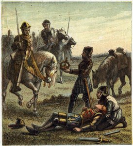 Válka dvou růží: smrt krále Richarda III. (1452-1485) během bitvy na Bosworthském poli, která mezi 22.8.1485 Richardem III. a Henrim, vévodou z Richmondu. Ten získal korunu krále dechu a stal se Jindřichem VII. známým jako Jindřich Tudor od English School