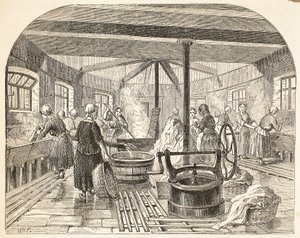 Mycí dům ve věznici Brixton, ilustrace z knihy The Criminal Prisons of London and Scenes from Prison Life od Henryho Mayhewa a Johna Binnyho, vyd. 1862 od English School