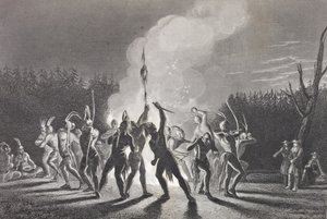 Washington a Fairfax na indickém válečném tanci, 1748, z „Galerie historických portrétů“, publikované kolem roku 1880 od English School