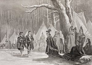 Washington a Gist navštěvují indickou královnu Alliquippu z „Galerie historických portrétů“, vydané kolem roku 1880 od English School