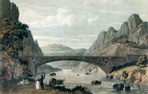Most Waterloo přes řeku Conwy, Wales (barevná rytina) od English School