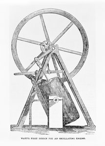 Wattsův první návrh oscilačního motoru, strana 35 z The Illustrated London News, 5. července 1851. od English School