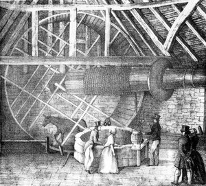 Nosný kladkostroj poháněný oslem, kolem roku 1870 od English School
