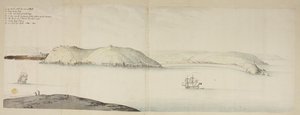 Západní vstup do přístavu Cork, od Kidds, neboli Kráva a tele, po ostrov Cross Beg; West Entrance of Cork Harbour, zobrazující Halbowlin Island, Spike Island a Cross Haven, kolem roku 1684 (pero, inkoust a akvarel na papíře) od English School