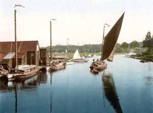Wherry opouští Wroxham (ručně kolorovaná fotografie) od English School