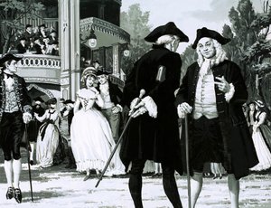 William Hogarth se prochází ve Vauxhall Gardens (kvaš na papíře) od English School