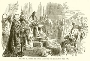 William III dává svůj královský souhlas k tolerančnímu zákonu z roku 1689 od English School