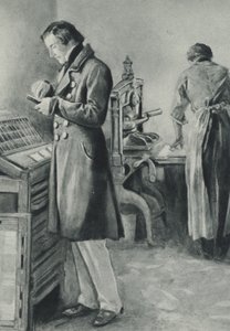 William Lloyd Garrison nastavuje písmo pro své noviny od English School