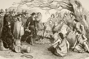 William Penn tekee sopimuksen Delawaren tai Lenapen intiaanien kanssa vuonna 1682 (litho) od English School