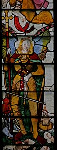Okno Ww zobrazující scénu z Posledního soudu: St Michael a další detaily od English School