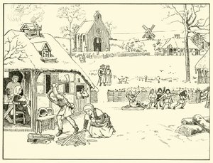 Zimní scéna ve vesnici. 14. cent (inkoust na papíře) od English School