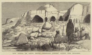 S generálem sirem Samuelem Brownem, pozoruhodné buddhistické jeskyně poblíž Jellalabad (rytina) od English School