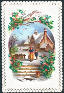 Žena a chlapec chodí ve sněhu, vánoční přání od English School