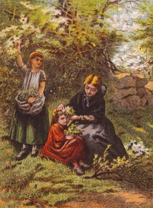 Žena upravuje dívce vlasy s květinami (barevná litografie) od English School