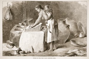 Žena ze západního pobřeží mletí kukuřice, ilustrace z Obrazového vydání života a objevů Davida Livingstona od J. Ewinga Richieho, pub. od A. Fullarton & Co., 1876 od English School