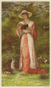 Žena čte knihu v zahradě s králíky (barva litho) od English School