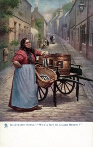 Žena prodávající sledě z mohyly (barva litho) od English School