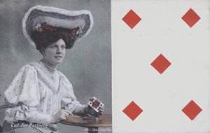 Žena s hracími kartami a károvou pětkou (barevná litografie) od English School