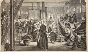 Pracovní místnost v nápravném zařízení Tothill Fields, ilustrace z knihy The Criminal Prisons of London and Scenes from Prison Life od Henryho Mayhewa a Johna Binnyho, vyd. 1862 (eng od English School