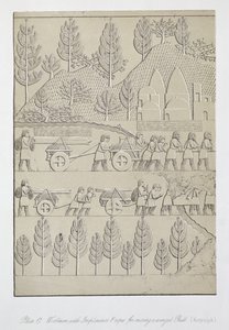 Dělníci s nářadím a provazy na stěhování okřídleného býka, deska 17 z knihy Nineveh and its Remains od Austena Henryho Layarda (1817-94) vydané roku 1849 od English School