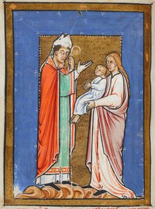 Yates Thompson 26 f.62v St. Cuthbert Healing a Child with the Mor, ilustrace z „Prózy Život sv. Cuthberta“, od Bede (vellum) od English School