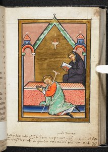 Yates Thompson Ms 26, f.79 r Mrzák se modlí u hrobu svatého Cuthberta, ilustrace z „Bede, próza Život Cuthberta“ (vellum) od English School