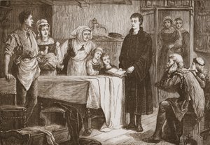 Mladý Calvin vykládá Bibli rodině v Bourges, ilustrace z Historie protestantismu od Jamese Aitkena Wylie (1808-1890), hospoda. 1878 od English School