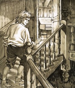 Mladý Händel se plíží po schodech do podkroví, aby si zahrál na klavír od English School