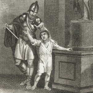 Mladý Hannibal přísahající Římanům nepřátelství (rytina) od English School