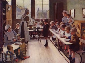 Malé děti při jídle v jeslích (barva litho) od English School