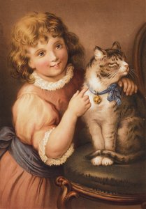 Mladá dívka s kočkou (chromolitho) od English School