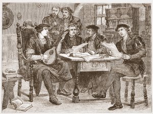 Zwingle mezi svými přáteli, ilustrace z Dějin protestantismu od Jamese Aitkena Wylie (1808-1890), hospoda. 1878 od English School