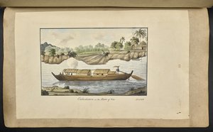 f.77 (tabulka 88) Loď na řece Solo (Surakarta, Střední Jáva). 4. února 1817. Na přední straně inkoustem napsáno: „Nalodění na řeku Solo. 4. února 1812.‘ (akvarel na papíře) od English School
