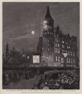 Oznámení o výsledcích všeobecných voleb z roku 1892 od Liberal Club, Westminster, Londýn (litho) od Enoch Ward