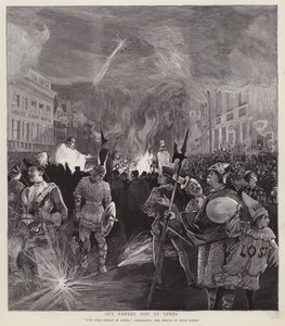 Guy Fawkes Day průvod v Lewes, Sussex, 5. listopadu 1892 (litho)