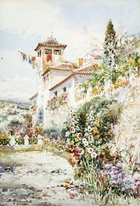Andaluský dům a zahrada v létě (tužka a w/c) od Enrique Marin Higuero