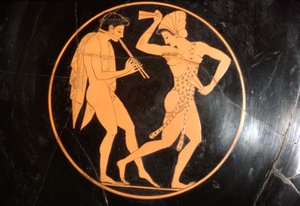 Drinking Cup, Kylix of Girl Tančící s mládím hrající na flétnu, Attic, c510 př.n.l. od Epikektos